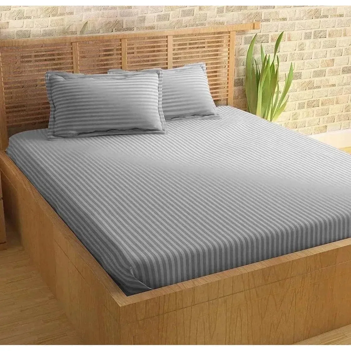 100% Cotton Satin Stripe 210 TC  Duvet Cover Set - Light Gray