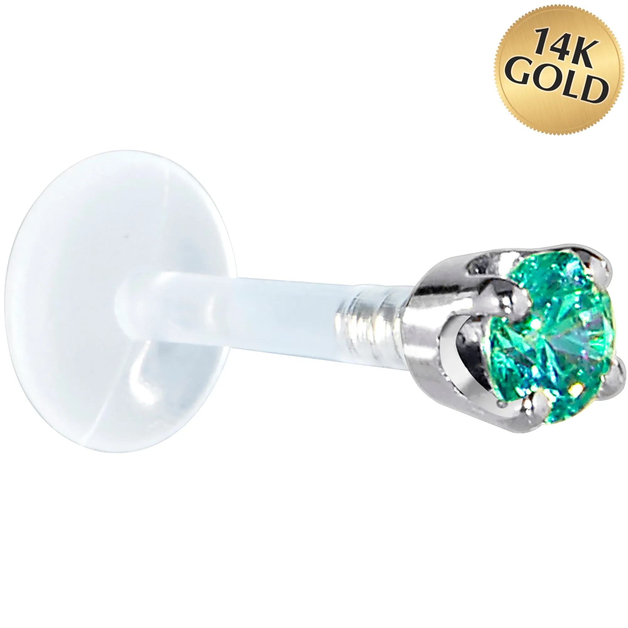 16 Gauge 5/16 Solid 14KT White Gold 3mm Mint Green Cubic Zirconia Bioplast Tragus Earring Stud