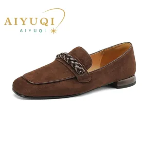 AIYUQI 2025 new style square toe thick heel mid-mouth single shoes women's flat shoes low heel loafers