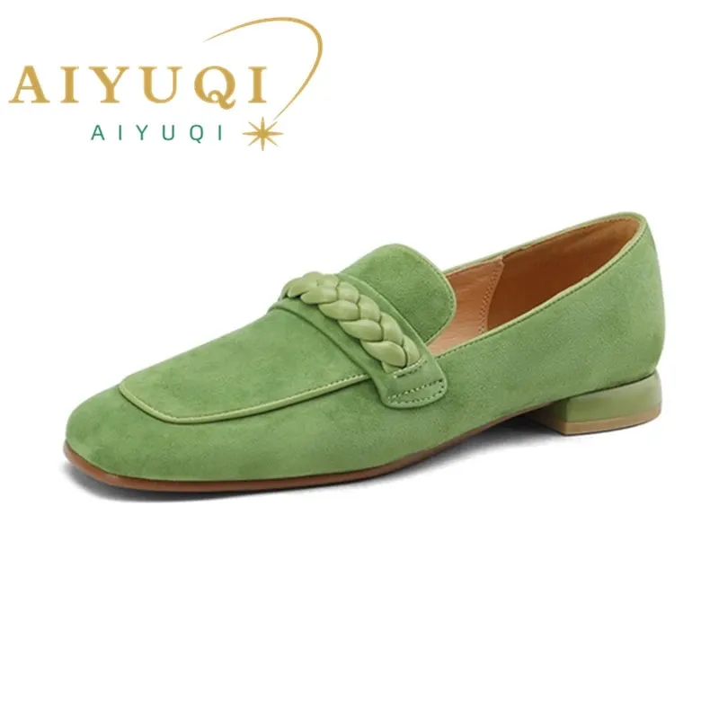 AIYUQI 2025 new style square toe thick heel mid-mouth single shoes women's flat shoes low heel loafers