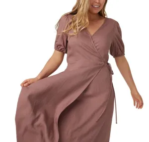 &me Women's Linen Blend Wrap Dress in Truffle Size 10 (New)
