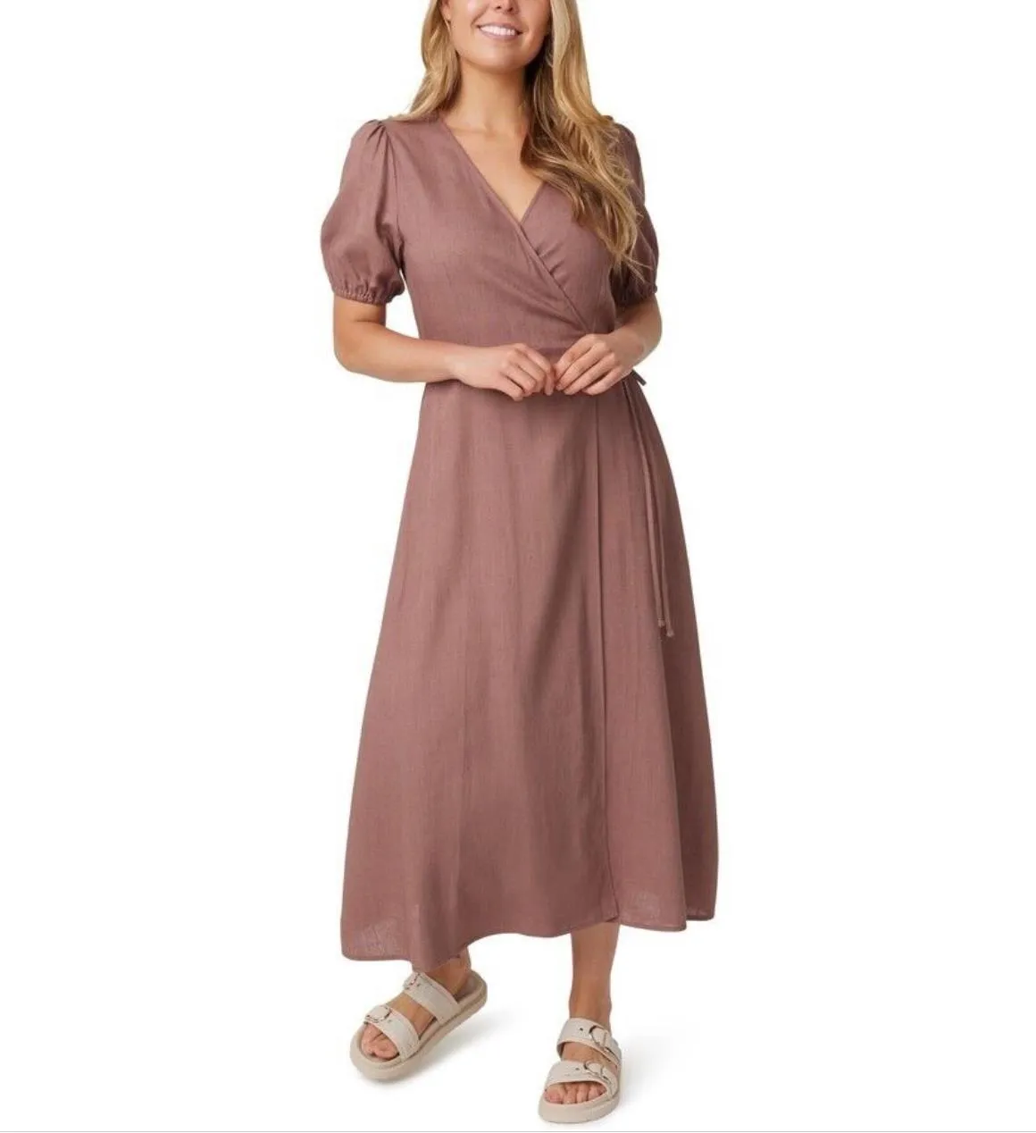 &me Women's Linen Blend Wrap Dress in Truffle Size 10 (New)
