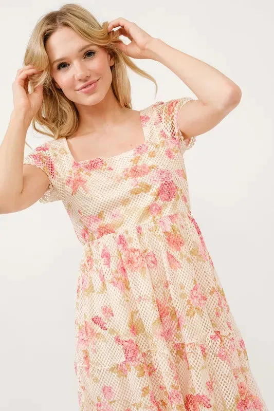 And The Why Square Neck Tiered Floral Fishnet Dress