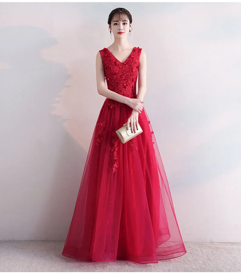 Beautiful Red V-neckline Tulle Long Party Dress with Lace, Red Prom Dress