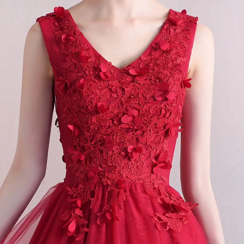 Beautiful Red V-neckline Tulle Long Party Dress with Lace, Red Prom Dress