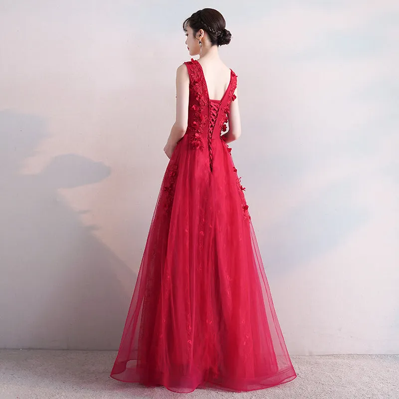 Beautiful Red V-neckline Tulle Long Party Dress with Lace, Red Prom Dress