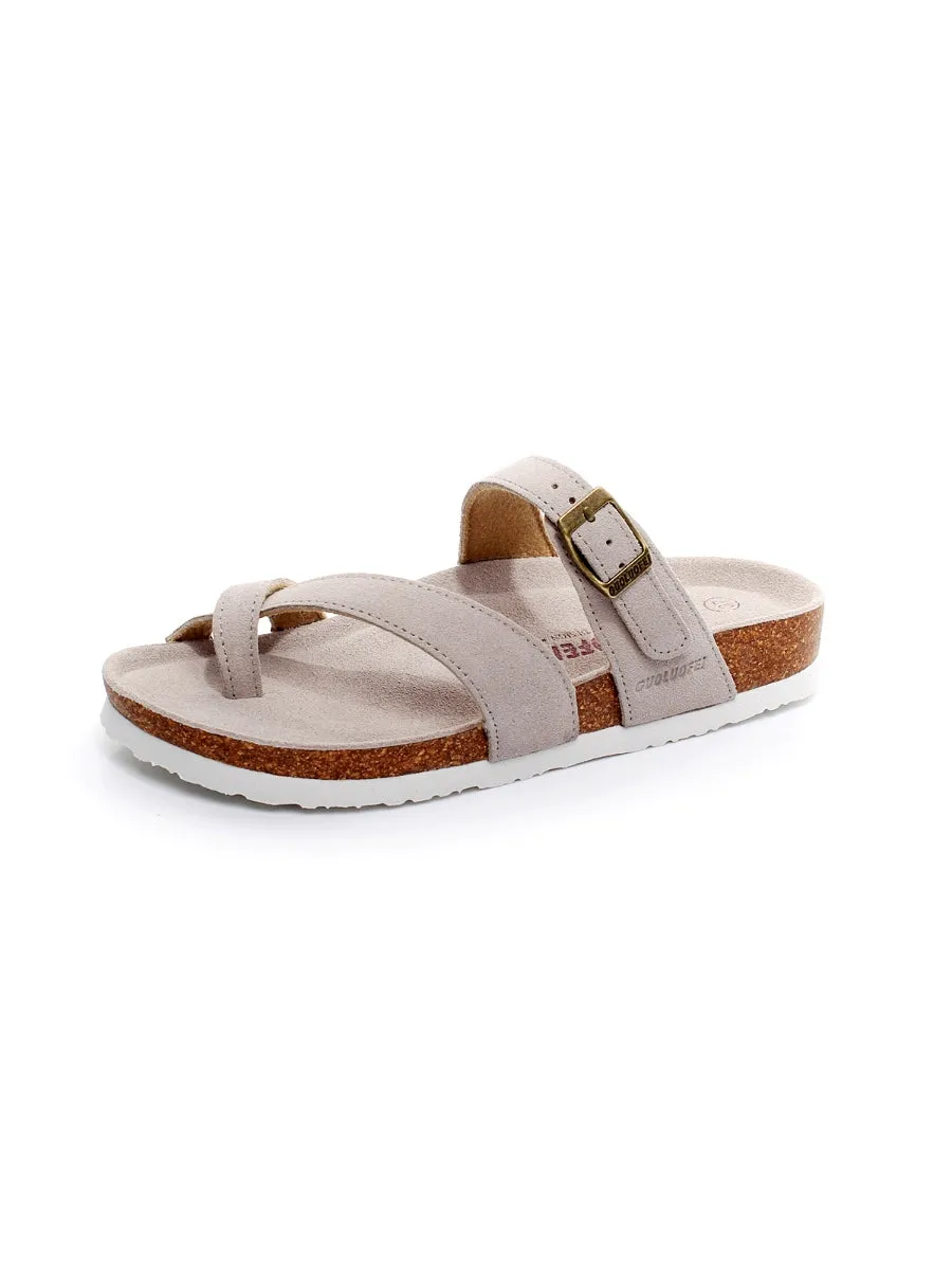 Beige Buckle-Accent Suede Upper Sandals