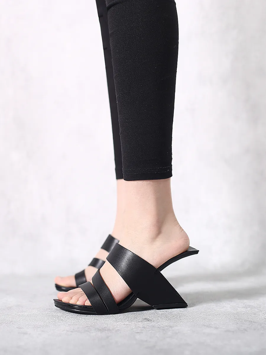 Black Cross Strap Leather Wedge Slides