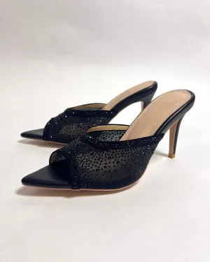 Black mesh rhinestone pointed toe slides slippers for women