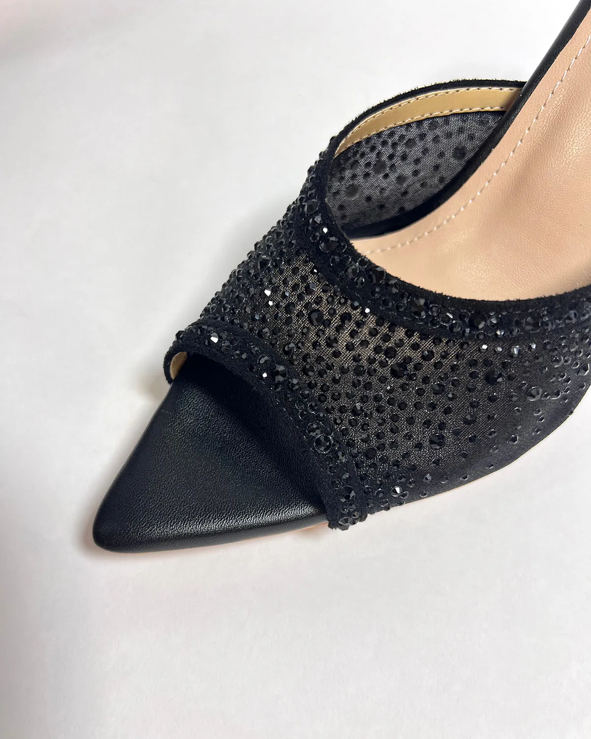 Black mesh rhinestone pointed toe slides slippers for women