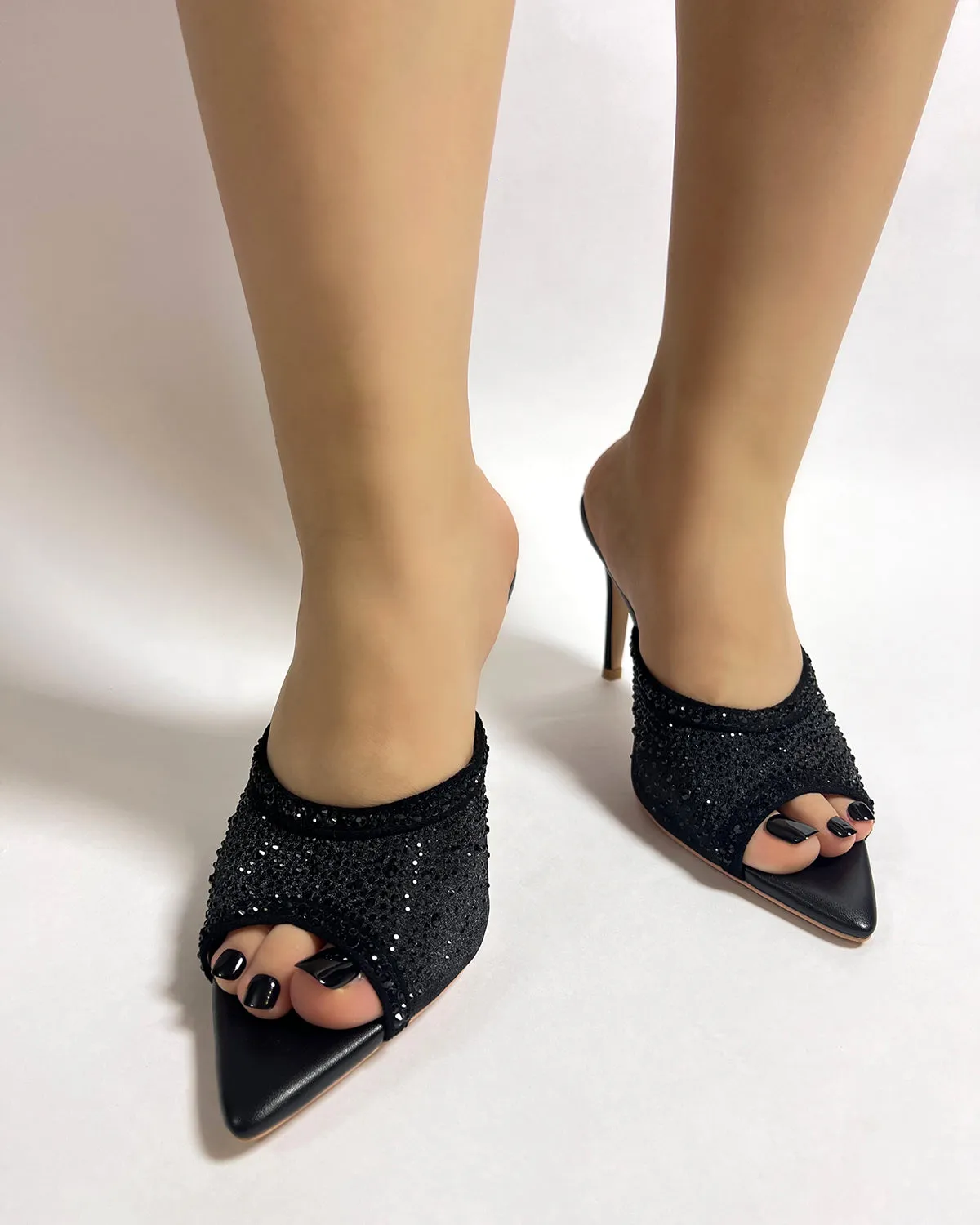Black mesh rhinestone pointed toe slides slippers for women