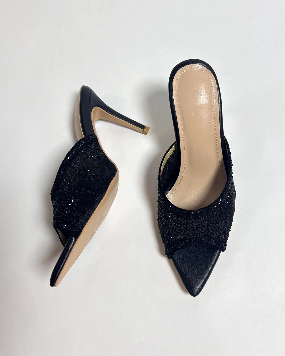 Black mesh rhinestone pointed toe slides slippers for women