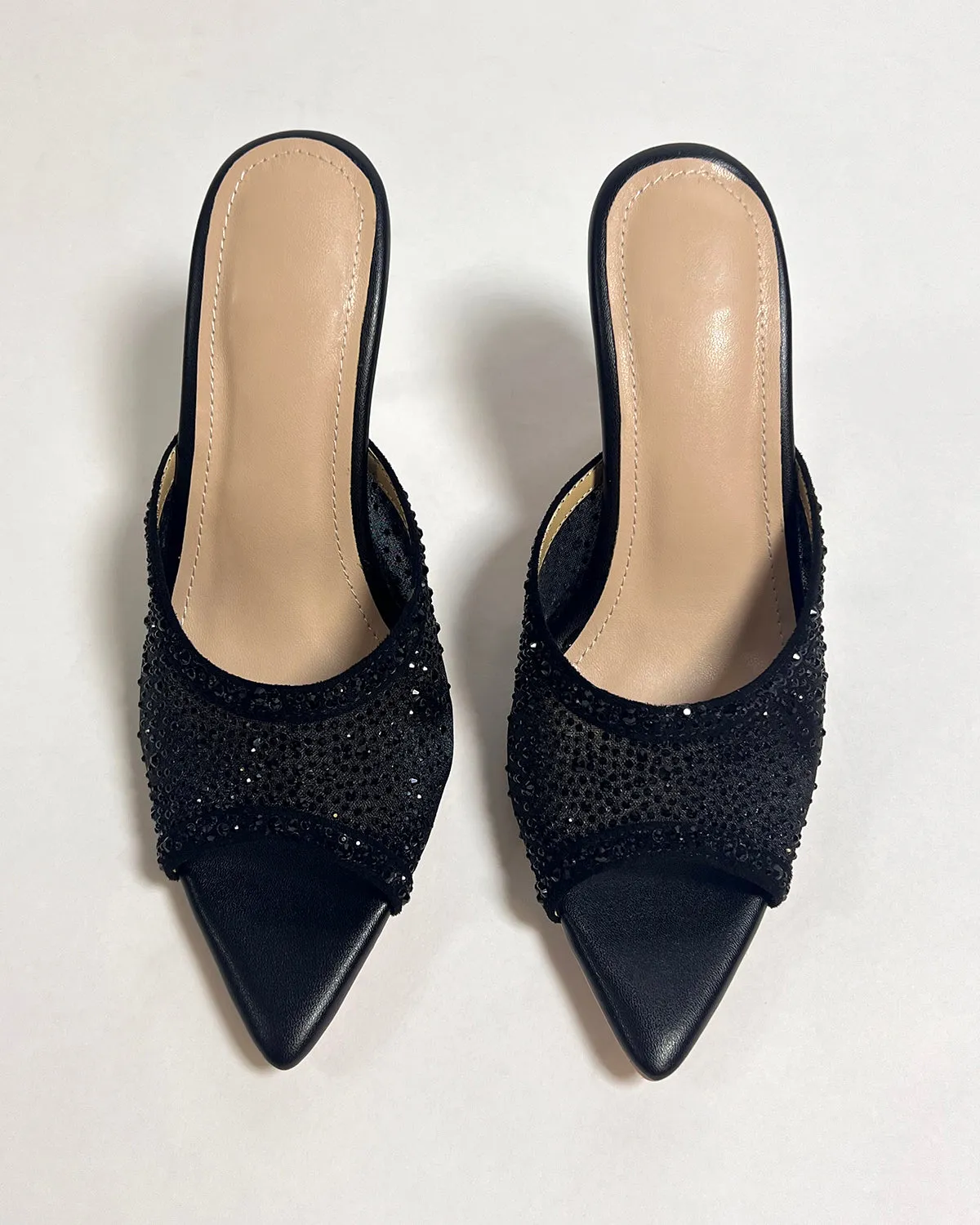 Black mesh rhinestone pointed toe slides slippers for women