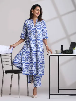 Blue Cotton Ikat High-Low Kurta Pant Set