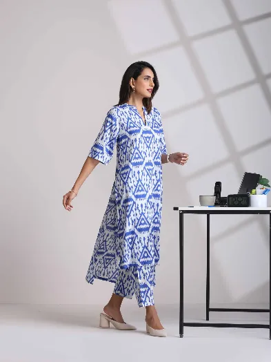 Blue Cotton Ikat High-Low Kurta Pant Set