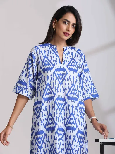 Blue Cotton Ikat High-Low Kurta Pant Set