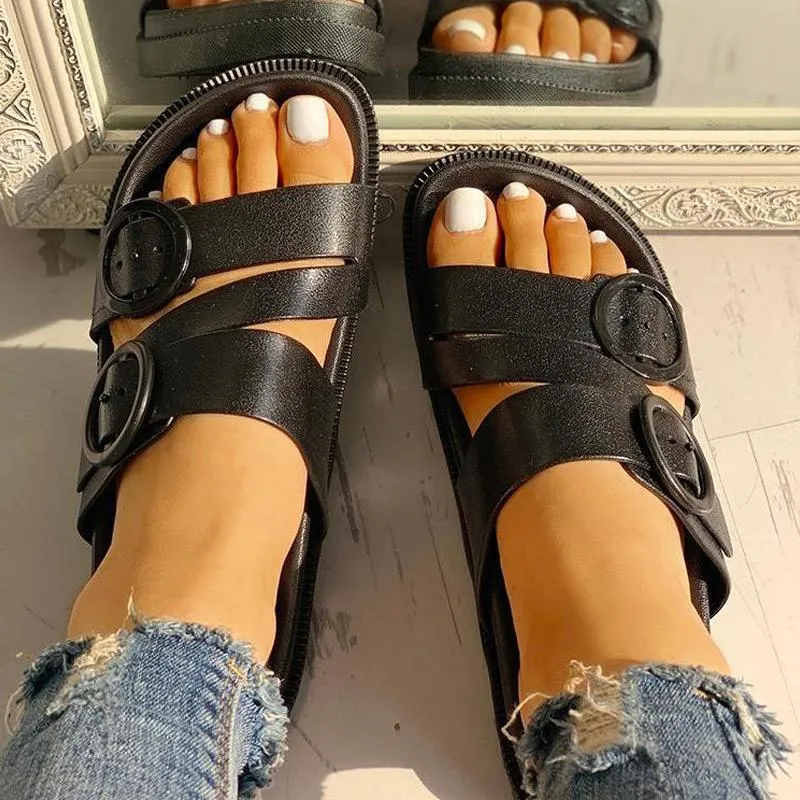Buckle Strappy Open Toe Flat Sandals