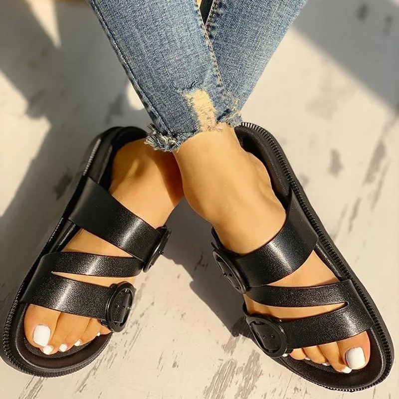 Buckle Strappy Open Toe Flat Sandals