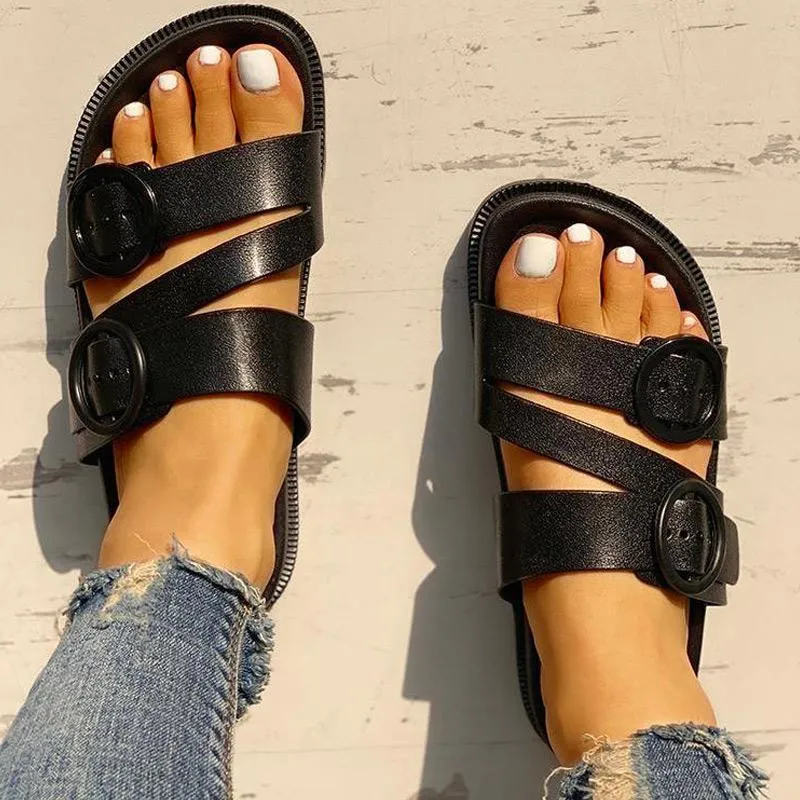 Buckle Strappy Open Toe Flat Sandals