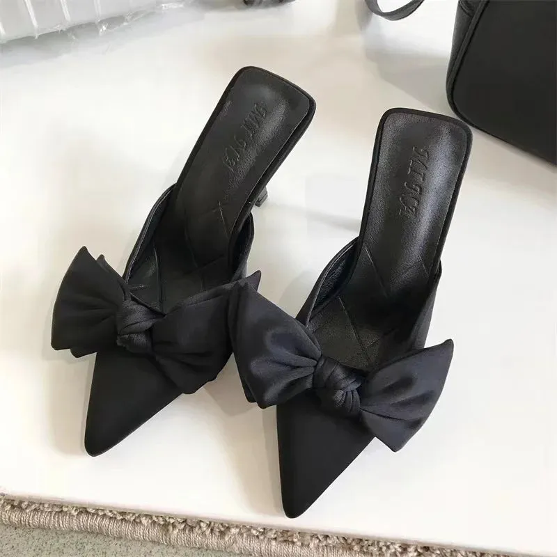 Butterfly-knot Mules Women Slippers Elegant Pointed Toe Thin High Heels Ladies Summer Fashion Party Prom Shoe