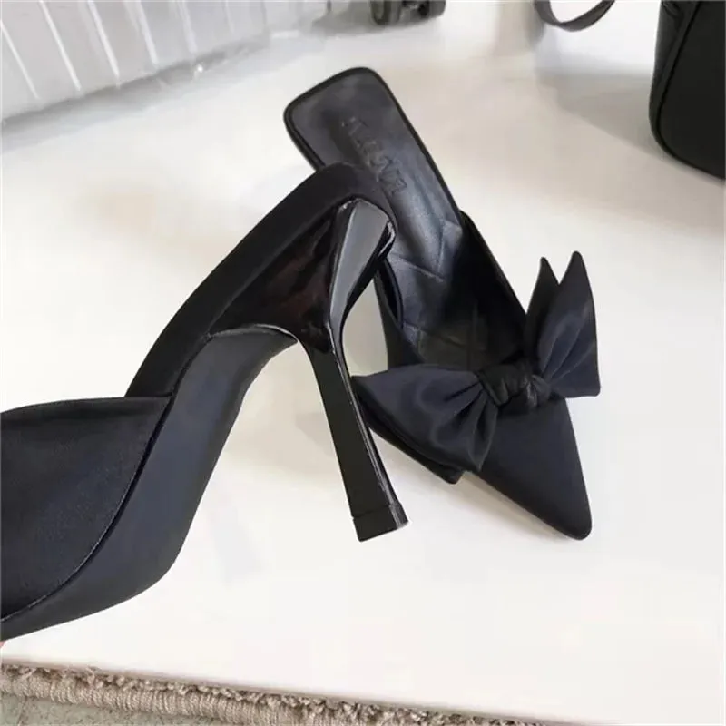 Butterfly-knot Mules Women Slippers Elegant Pointed Toe Thin High Heels Ladies Summer Fashion Party Prom Shoe