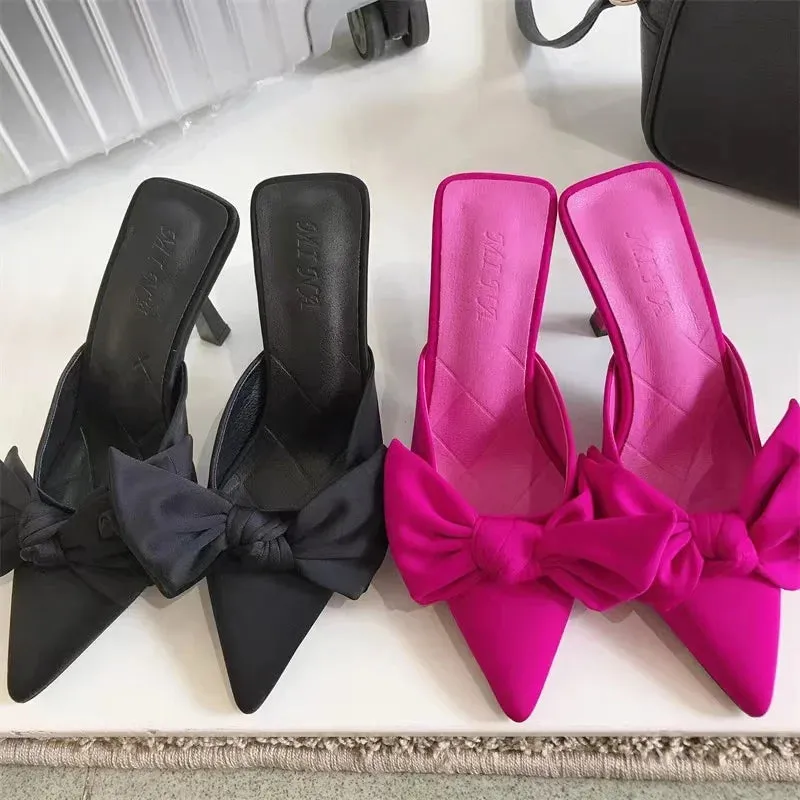 Butterfly-knot Mules Women Slippers Elegant Pointed Toe Thin High Heels Ladies Summer Fashion Party Prom Shoe