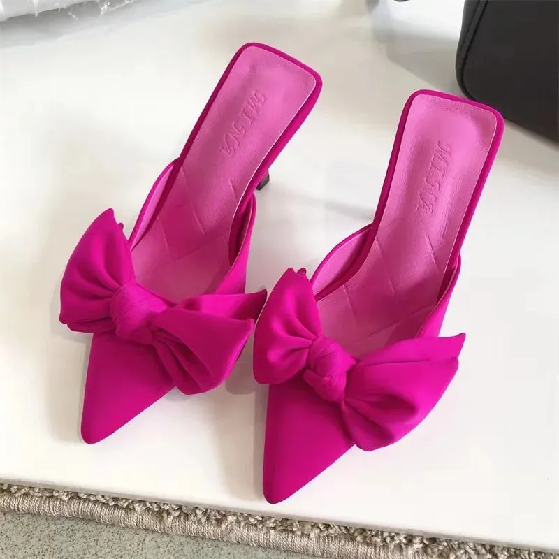 Butterfly-knot Mules Women Slippers Elegant Pointed Toe Thin High Heels Ladies Summer Fashion Party Prom Shoe