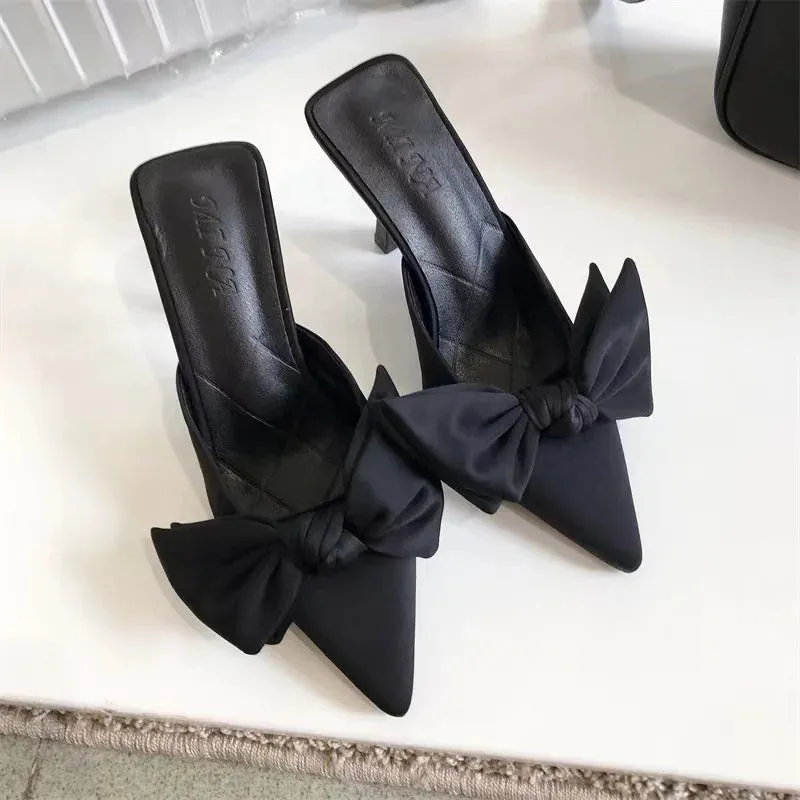 Butterfly-knot Mules Women Slippers Elegant Pointed Toe Thin High Heels Ladies Summer Fashion Party Prom Shoe