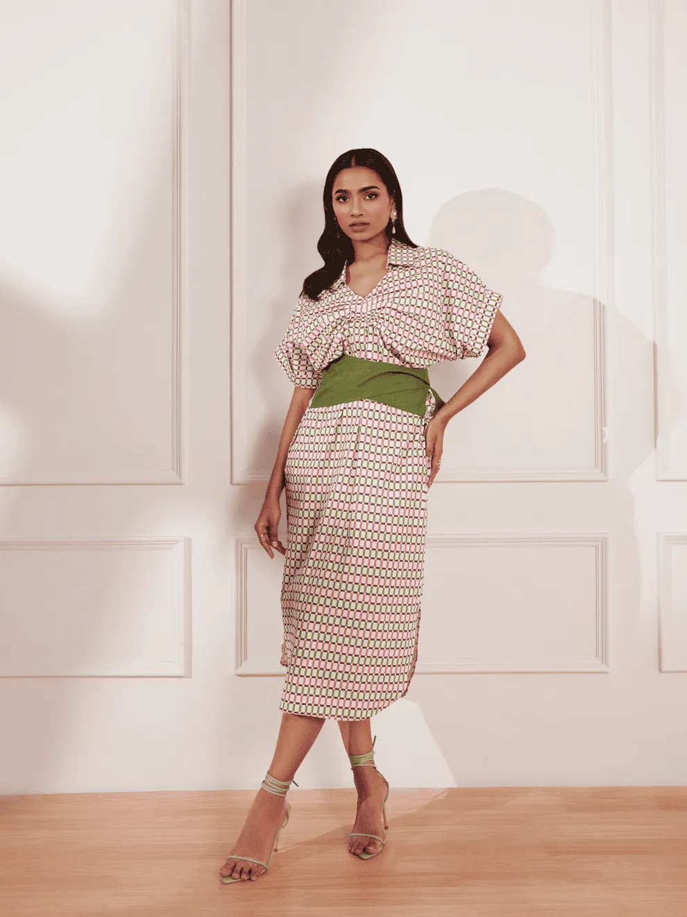 Checks Please Printed Belted Midi