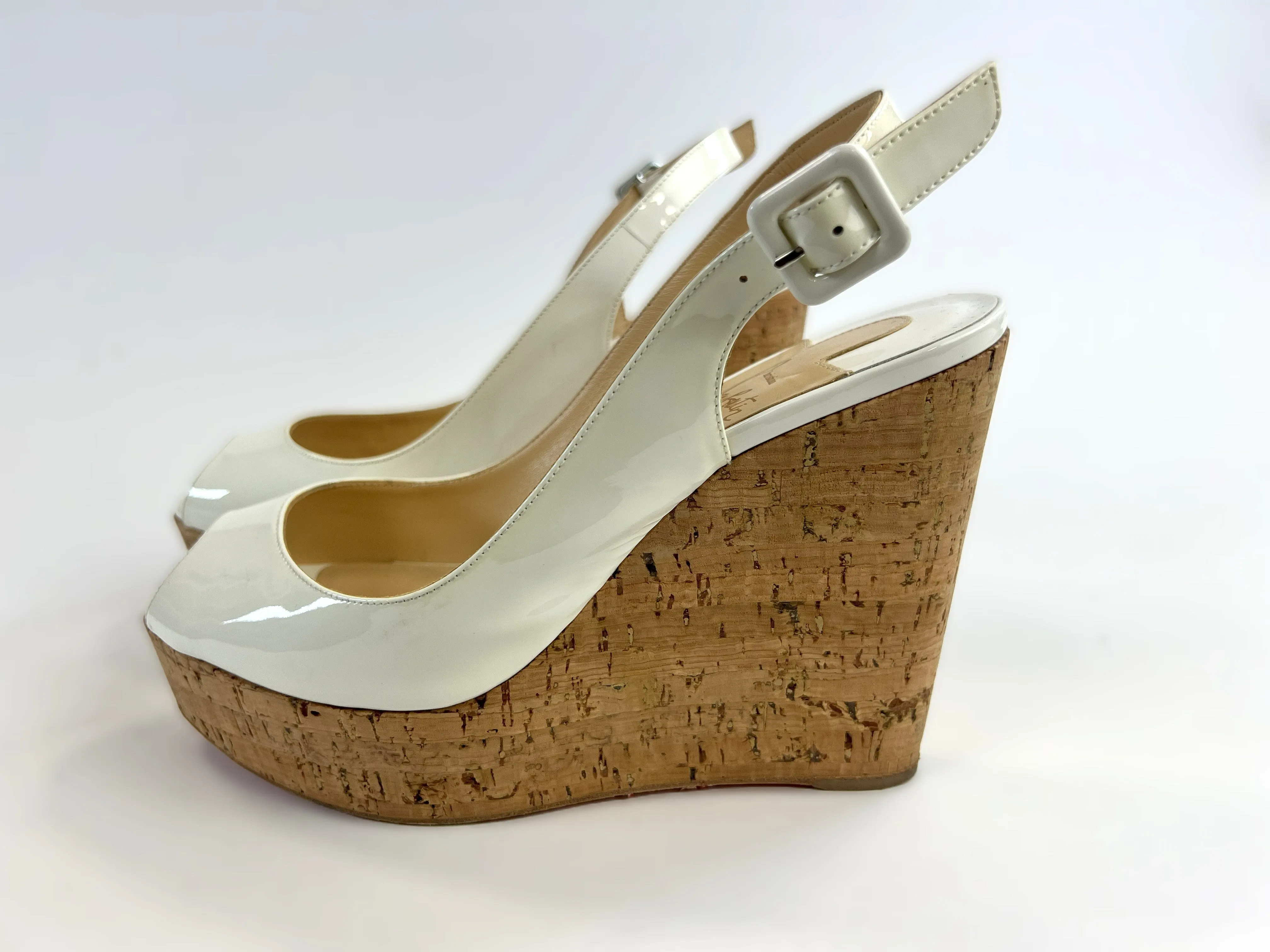 Christian Louboutin White Patent Leather Peep Toe Open Back Platform Wedge Sandals Size 40