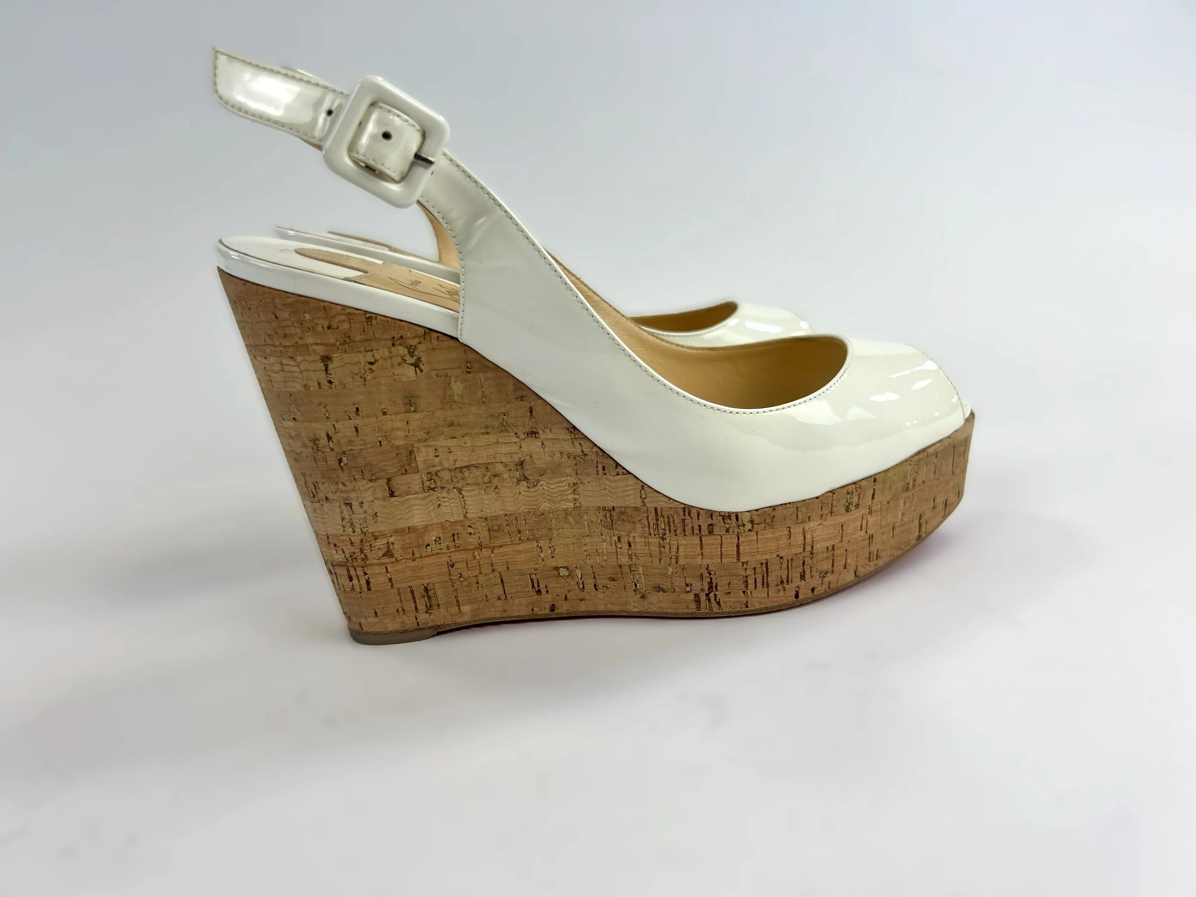 Christian Louboutin White Patent Leather Peep Toe Open Back Platform Wedge Sandals Size 40