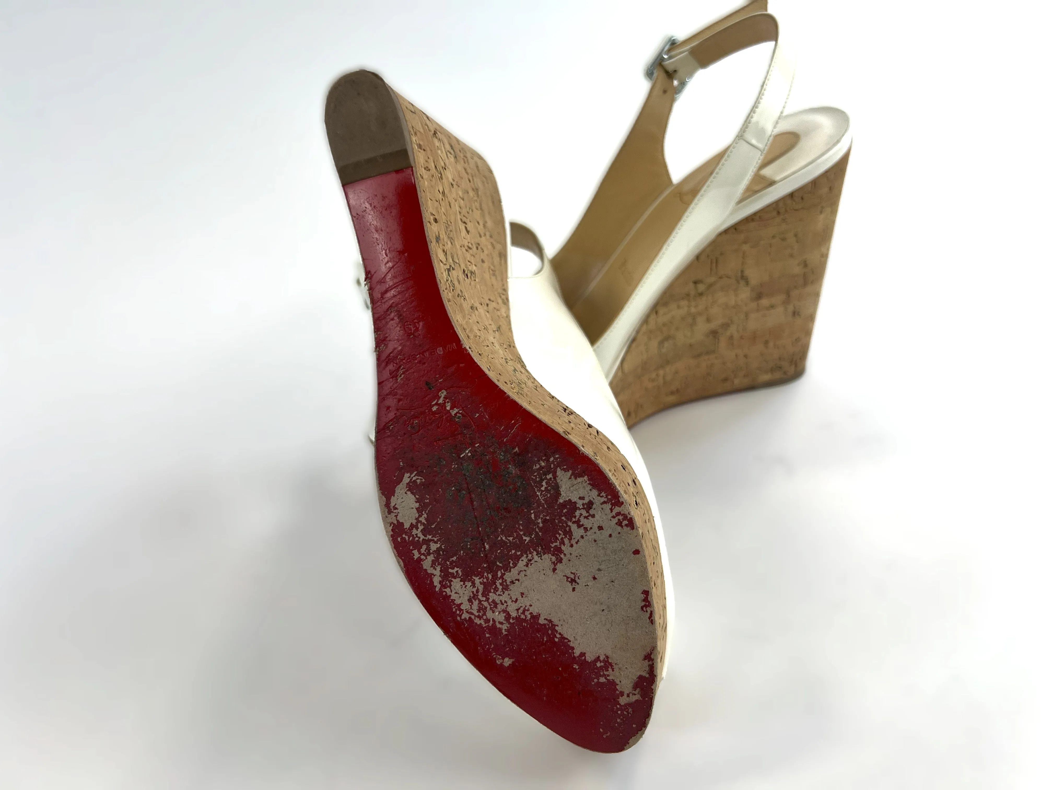 Christian Louboutin White Patent Leather Peep Toe Open Back Platform Wedge Sandals Size 40