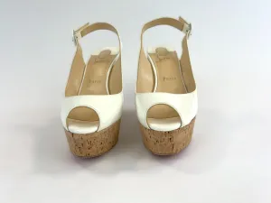 Christian Louboutin White Patent Leather Peep Toe Open Back Platform Wedge Sandals Size 40