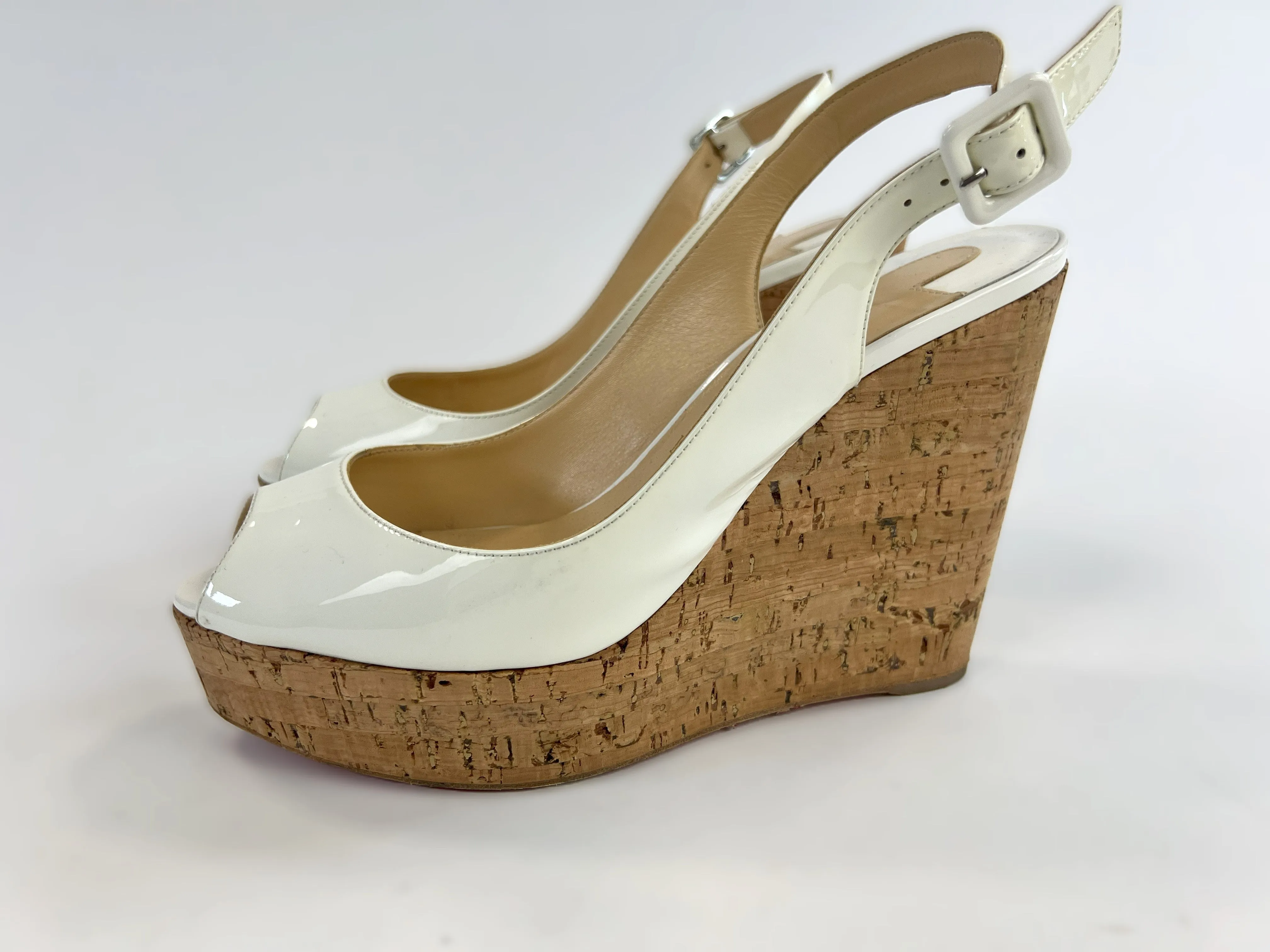 Christian Louboutin White Patent Leather Peep Toe Open Back Platform Wedge Sandals Size 40