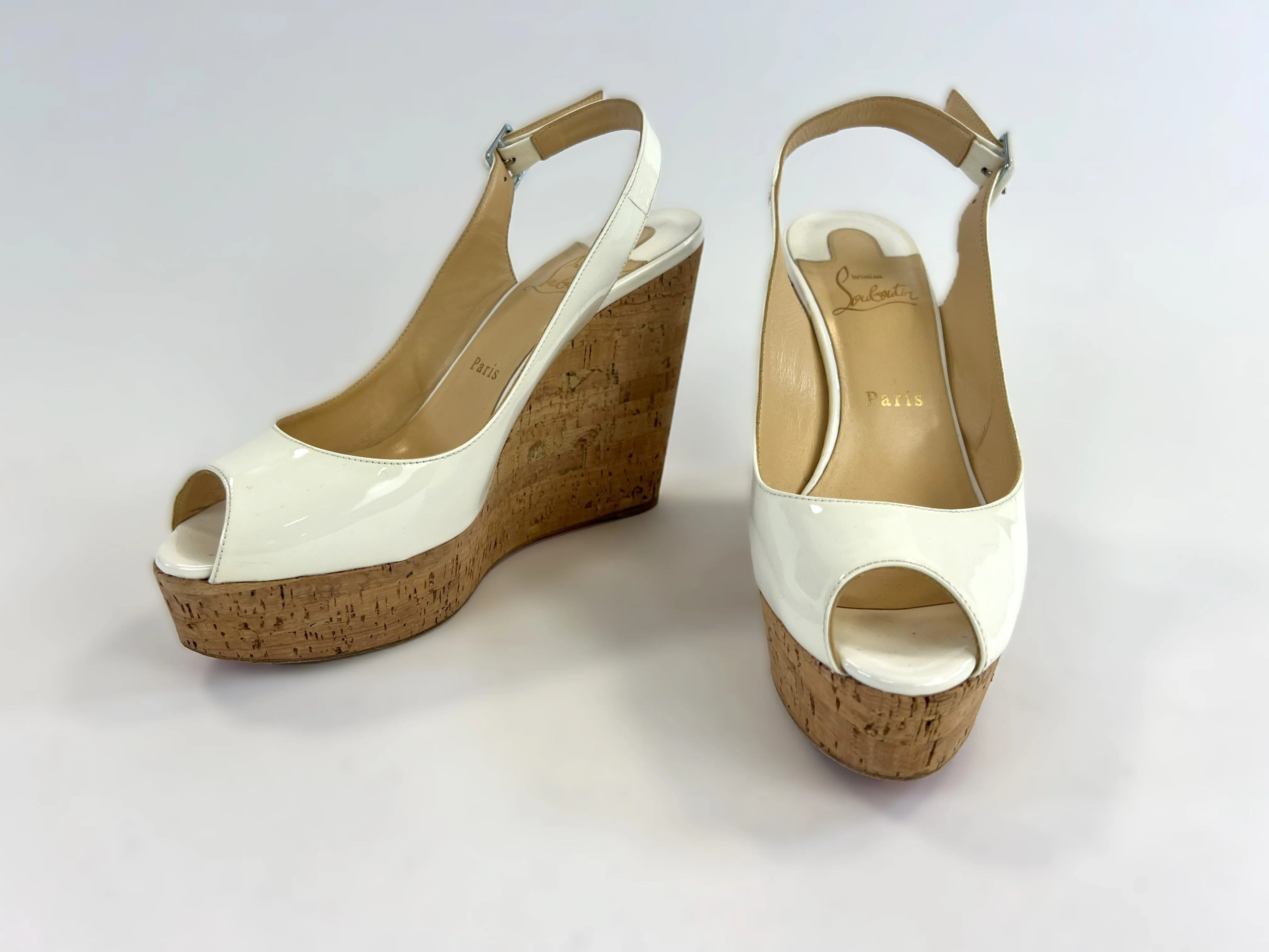 Christian Louboutin White Patent Leather Peep Toe Open Back Platform Wedge Sandals Size 40
