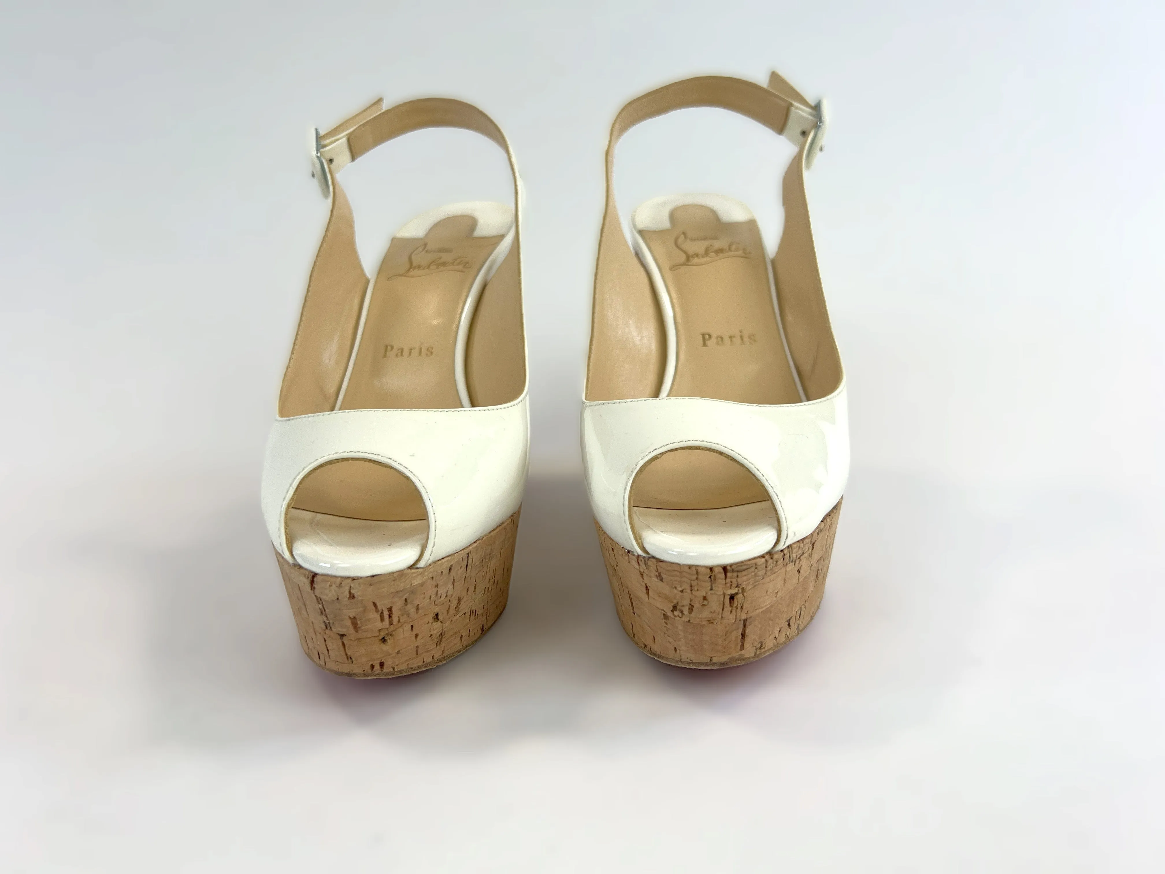 Christian Louboutin White Patent Leather Peep Toe Open Back Platform Wedge Sandals Size 40