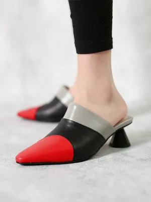 Contrast Color Triangular-Heel Leather Slide Mule