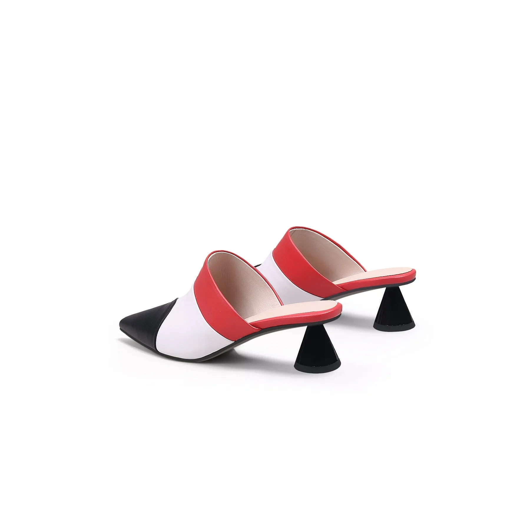 Contrast Color Triangular-Heel Leather Slide Mule