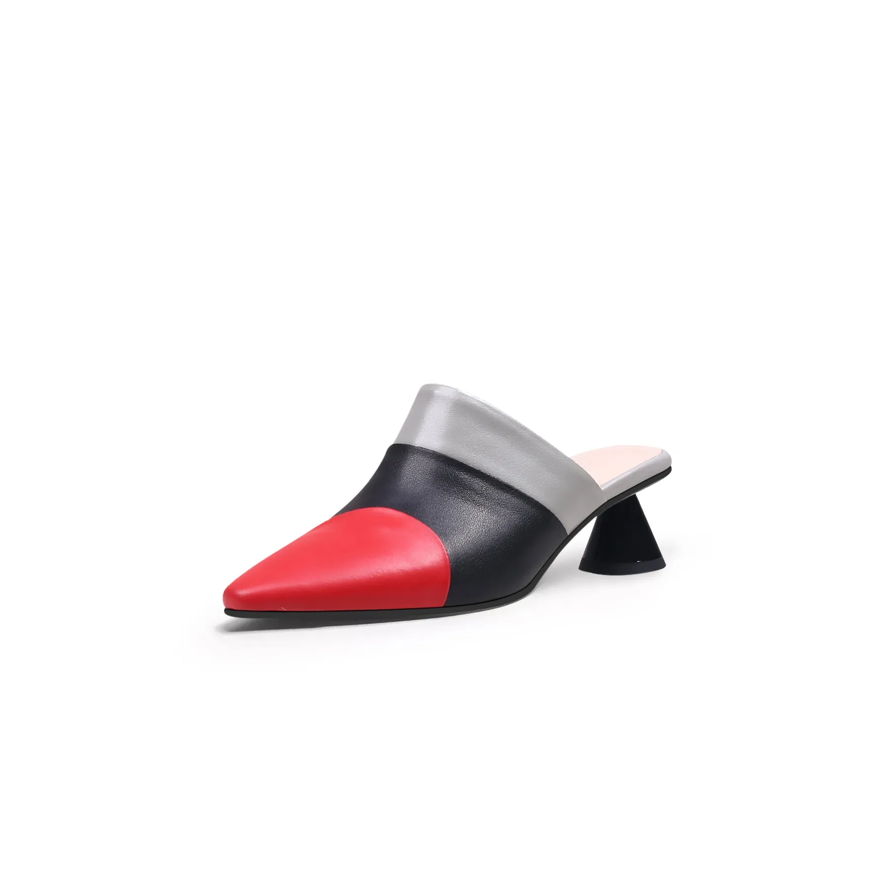 Contrast Color Triangular-Heel Leather Slide Mule