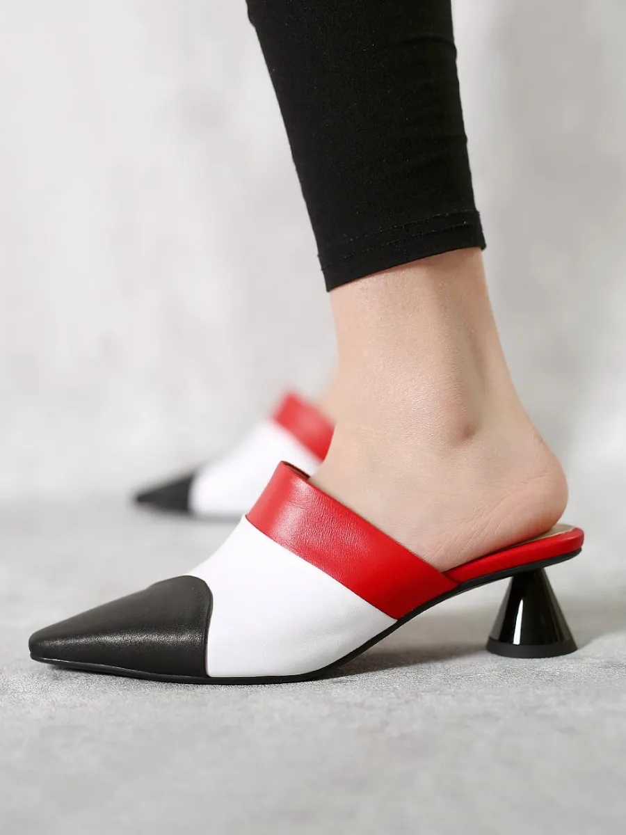 Contrast Color Triangular-Heel Leather Slide Mule