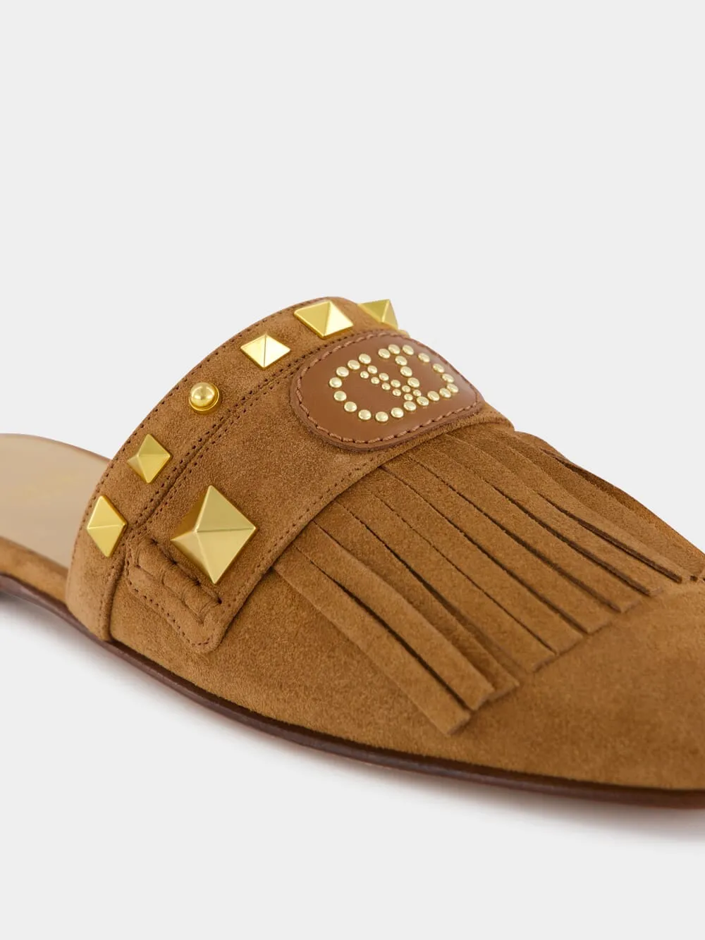 Copper Brown Suede Flat Slippers with Rockstuds