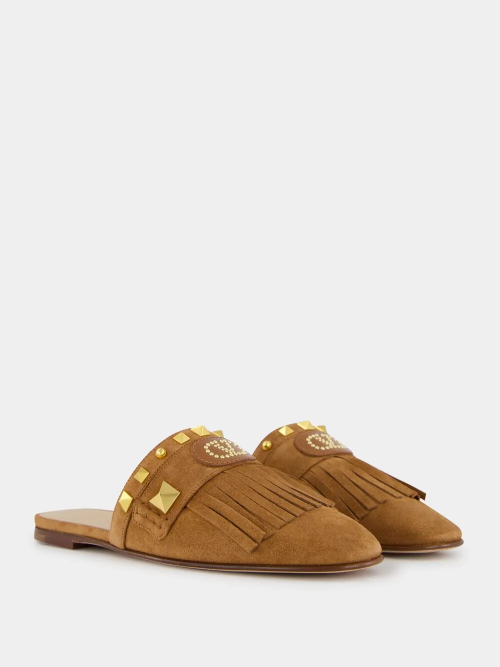 Copper Brown Suede Flat Slippers with Rockstuds
