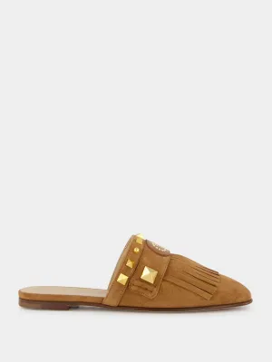 Copper Brown Suede Flat Slippers with Rockstuds