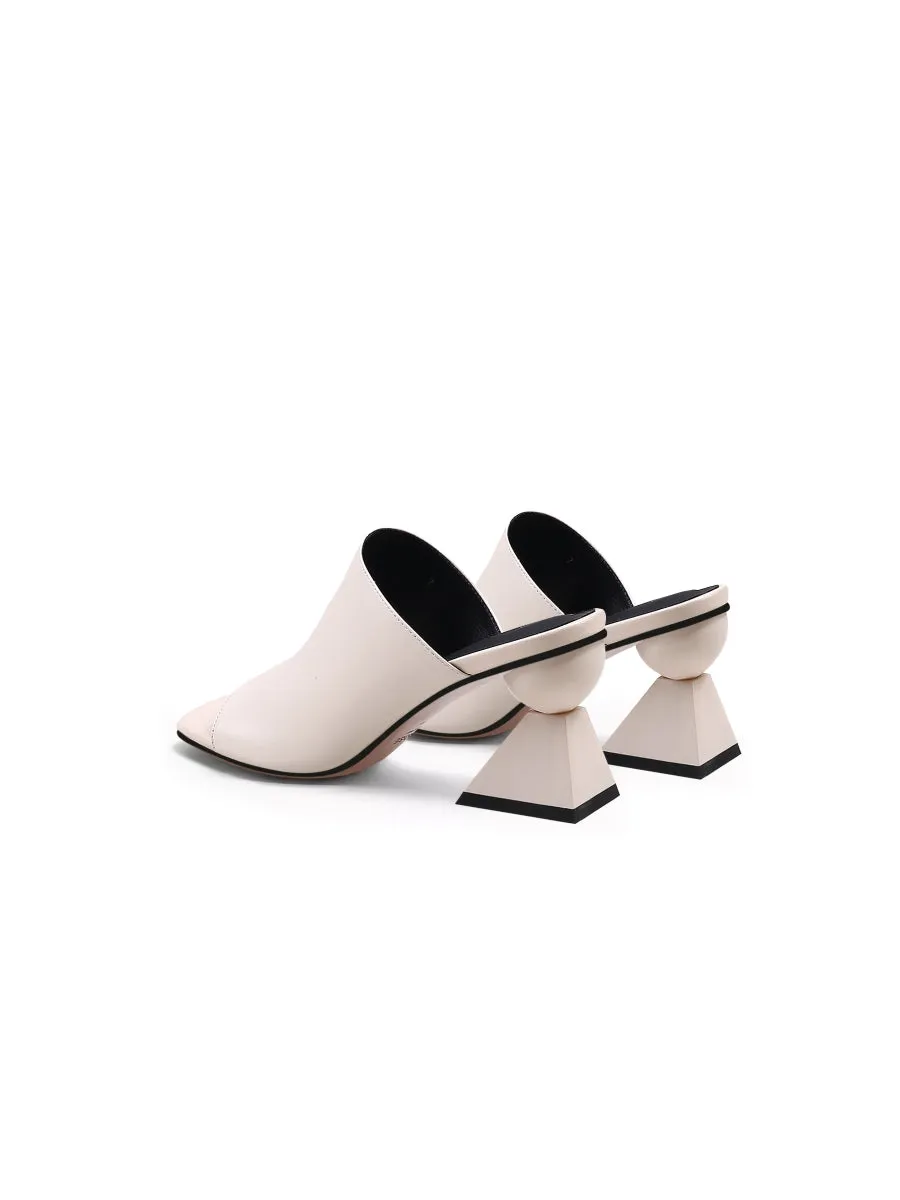 Cream Triangular-Crystal Mid Heel Leather Open Toe Mules Sandals