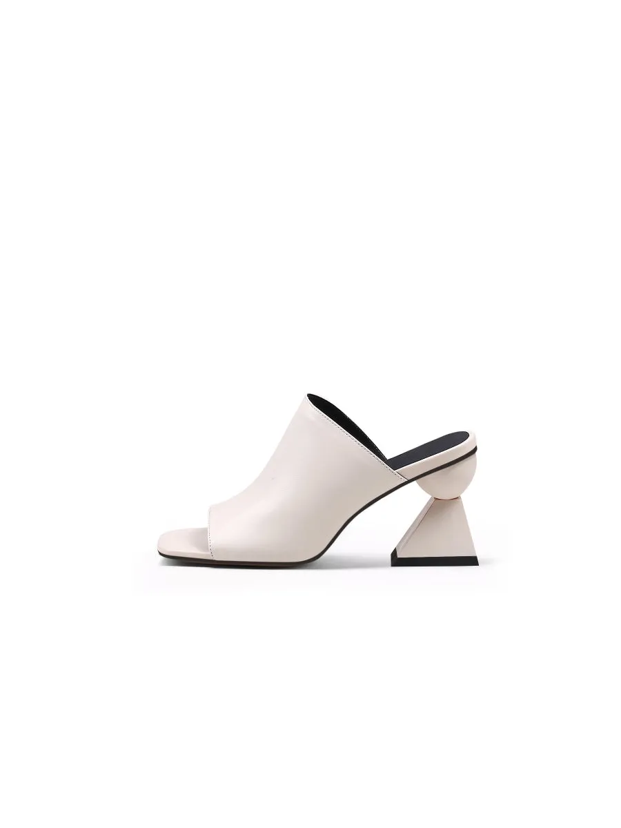 Cream Triangular-Crystal Mid Heel Leather Open Toe Mules Sandals