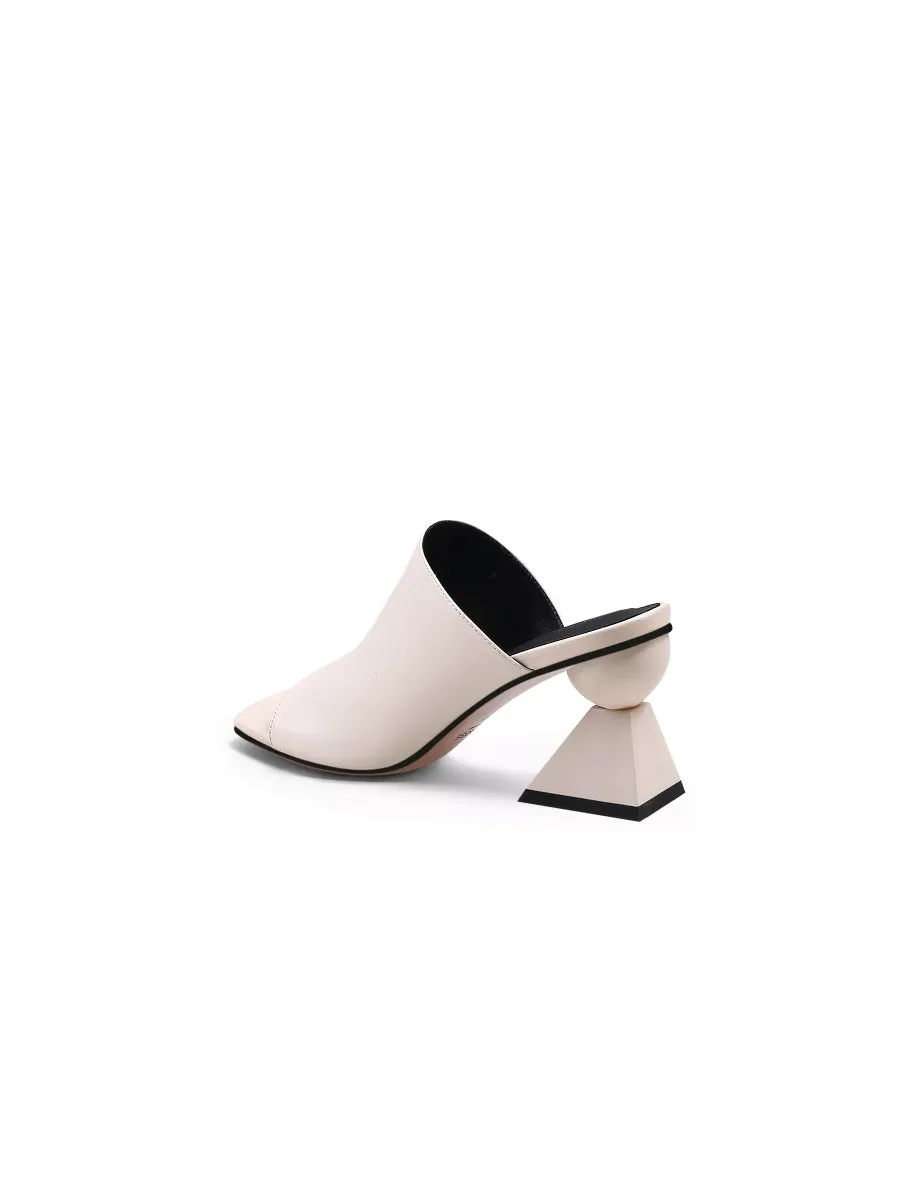 Cream Triangular-Crystal Mid Heel Leather Open Toe Mules Sandals