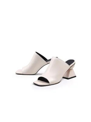 Cream Triangular-Crystal Mid Heel Leather Open Toe Mules Sandals
