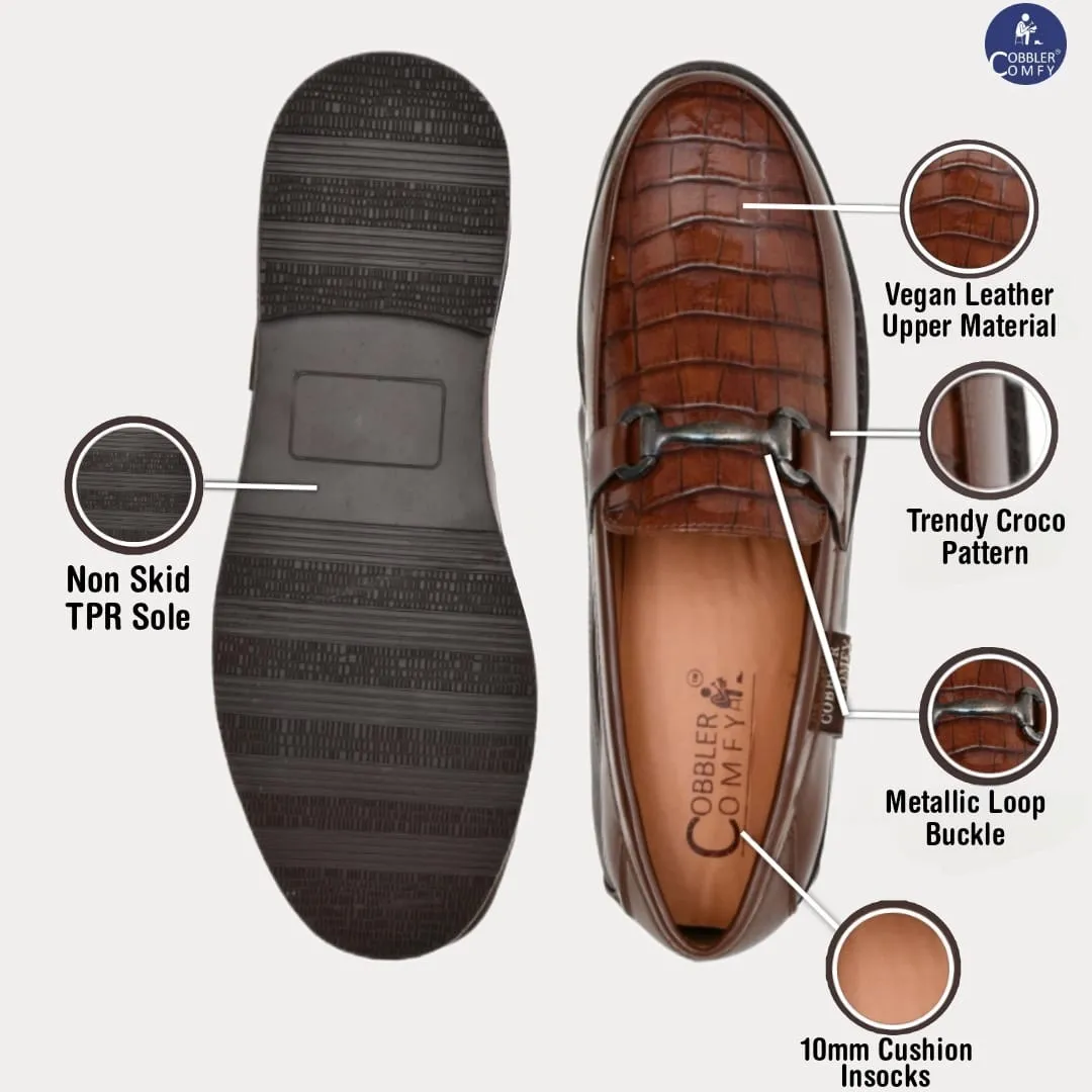 Croco Pattern Slip-on for Men with Metallic Buckle | Brown