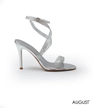 CRYSTAL-EMBELLISHED SILVER STRAPPY HIGH-HEELED SANDAL