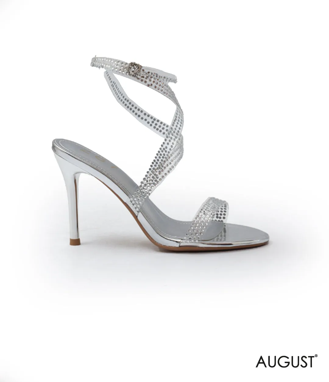 CRYSTAL-EMBELLISHED SILVER STRAPPY HIGH-HEELED SANDAL